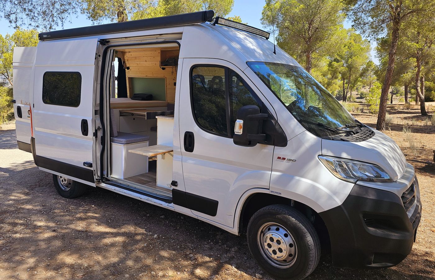 Furgoneta camper blanca con la puerta lateral abierta en un pinar