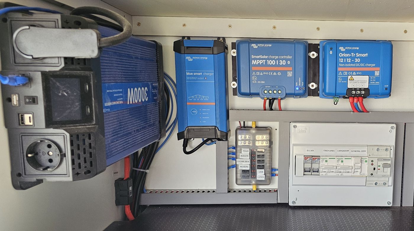 Instalación eléctrica Victron con inversor, cargadores y cuadro de protecciones